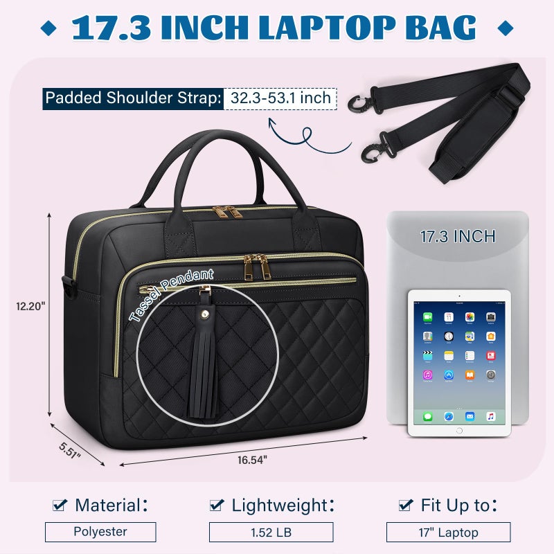 RAINSMORE Laptop Bag 17.3 Inch Briefcase for Women Waterproof Computer Messenger Shoulder Bags Large Laptop Case for Work Business Office Travel College, Black - Image 2