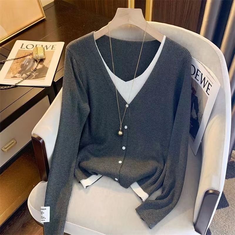 Two-Piece Illusion Color Block Knitted Cardigan Womens V-Neck Sweater Versatile Soft and Supple Vintage Style For Autumn Brown - Image 2