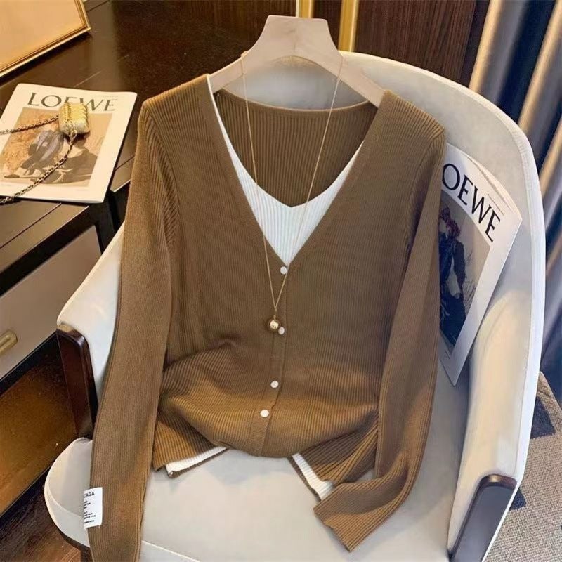 Two-Piece Illusion Color Block Knitted Cardigan Womens V-Neck Sweater Versatile Soft and Supple Vintage Style For Autumn Brown - Image 1