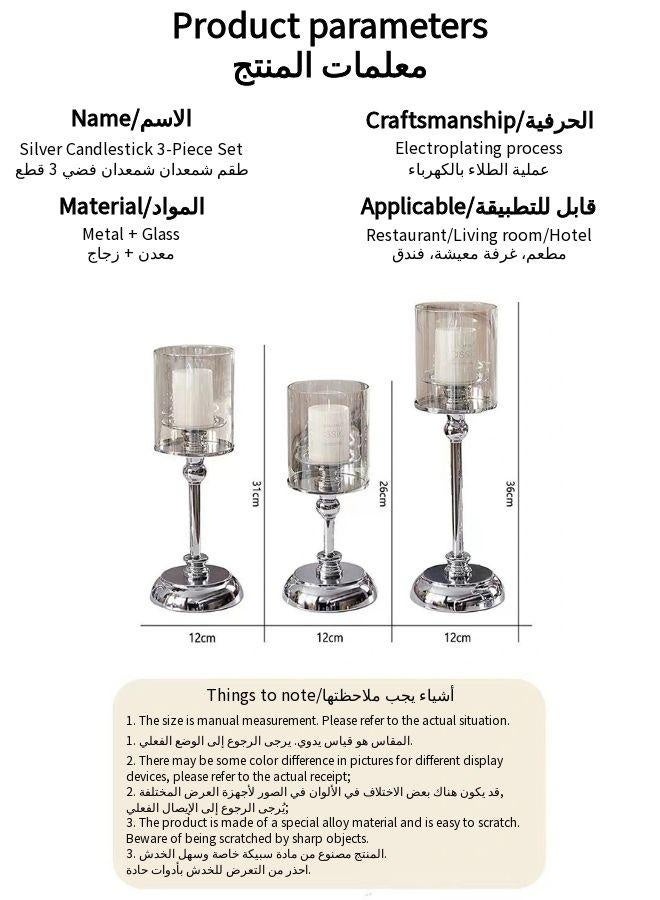 Vixplorn Candle Holders, 3-piece silver candlestick set, candlestick with glass cover, windproof candlestick, suitable for living room, dining room and bedroom, suitable for parties, dinner, celebration and other activities - Image 3