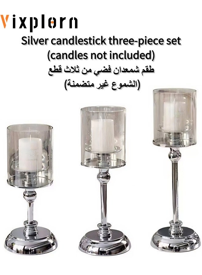 Vixplorn Candle Holders, 3-piece silver candlestick set, candlestick with glass cover, windproof candlestick, suitable for living room, dining room and bedroom, suitable for parties, dinner, celebration and other activities - Image 1