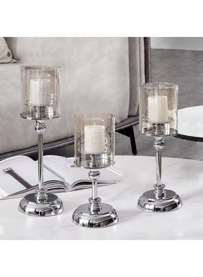 Vixplorn Candle Holders, 3-piece silver candlestick set, candlestick with glass cover, windproof candlestick, suitable for living room, dining room and bedroom, suitable for parties, dinner, celebration and other activities - Image 2