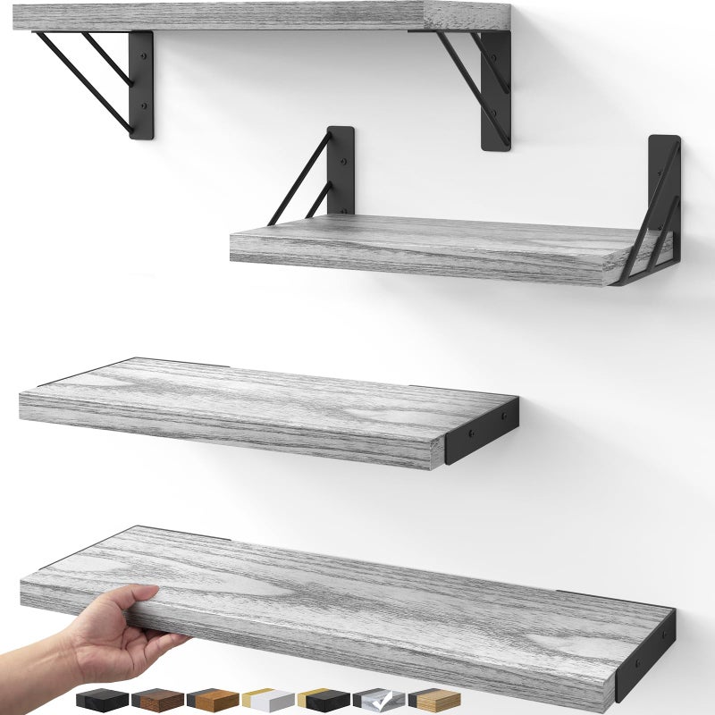 BAYKA Wall Shelves for Bedroom Decor, Floating Shelves for Living Room Kitchen Storage, Wall Mounted Rustic Wood Floating Shelves for Kids Books, Corner Shelf for Bathroom(Gray Whiteï¼ŒSet of 4) - Image 1