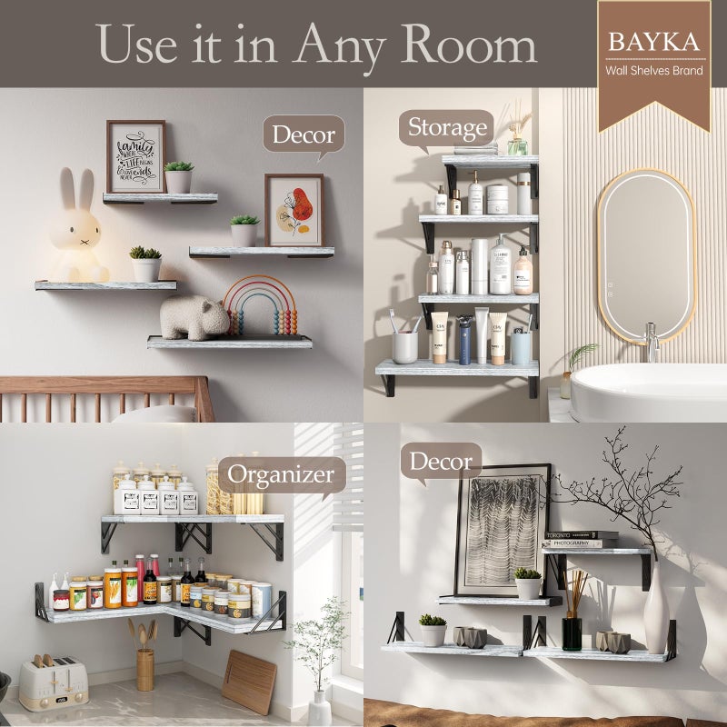 BAYKA Wall Shelves for Bedroom Decor, Floating Shelves for Living Room Kitchen Storage, Wall Mounted Rustic Wood Floating Shelves for Kids Books, Corner Shelf for Bathroom(Gray Whiteï¼ŒSet of 4) - Image 3