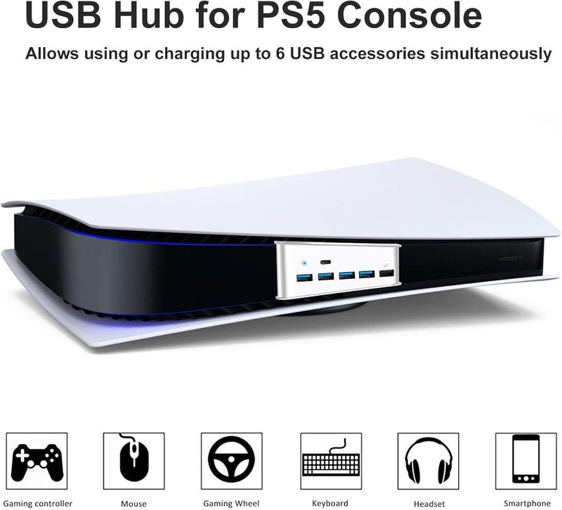 Megadream 5 Port USB Hub for PS5, High-Speed Expansion Hub Charger Splitter Adapter with 4 USB + 1 USB Charging Port + 1 Type C Port, Compatible with Playstation 5 Dualsence Game Console - Image 2