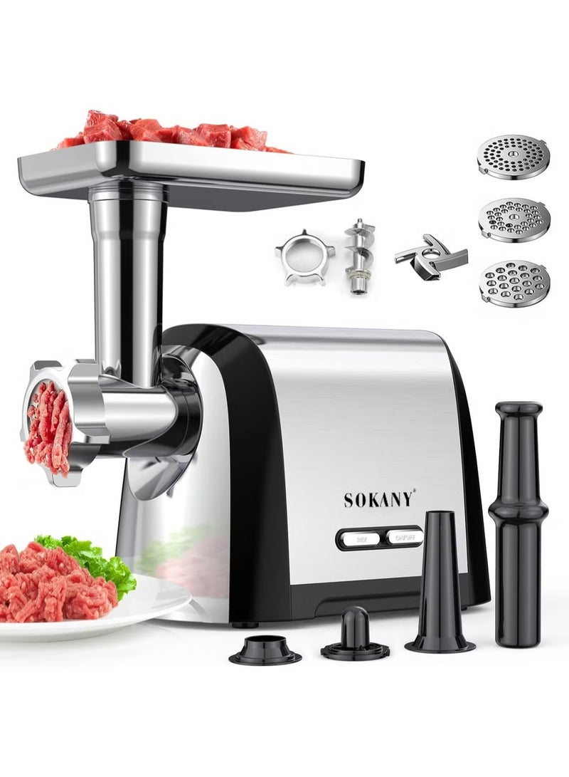 sokany Meat Grinder, Sausage Stuffer, 3200W Electric Meat Mincer with Stainless Steel Blades & 3 Grinding Plates & Sausage Stuffer Tube For Home Kitchen Use,SK-088,Silver - Image 1