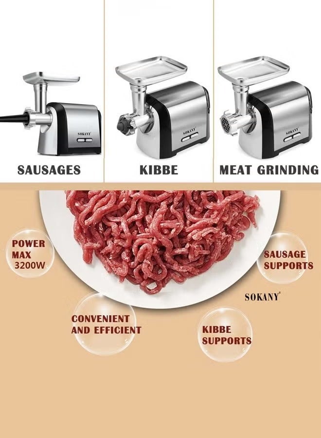 sokany Meat Grinder, Sausage Stuffer, 3200W Electric Meat Mincer with Stainless Steel Blades & 3 Grinding Plates & Sausage Stuffer Tube For Home Kitchen Use,SK-088,Silver - Image 2