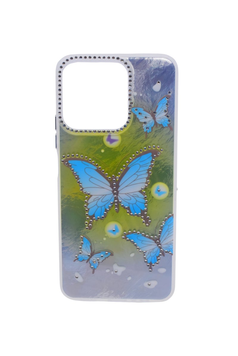 CFS TPU Butterflies and Rhinestones Back Cover Case For HONOR X7C - Yellow Blue - Image 1