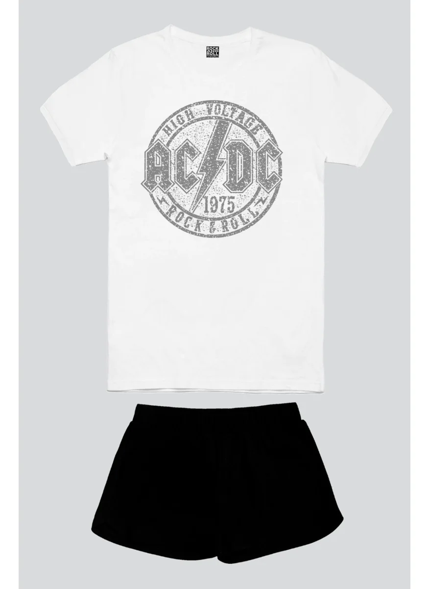 Rock&Roll Flat Acdc White Short Sleeve Women's Shorts Set