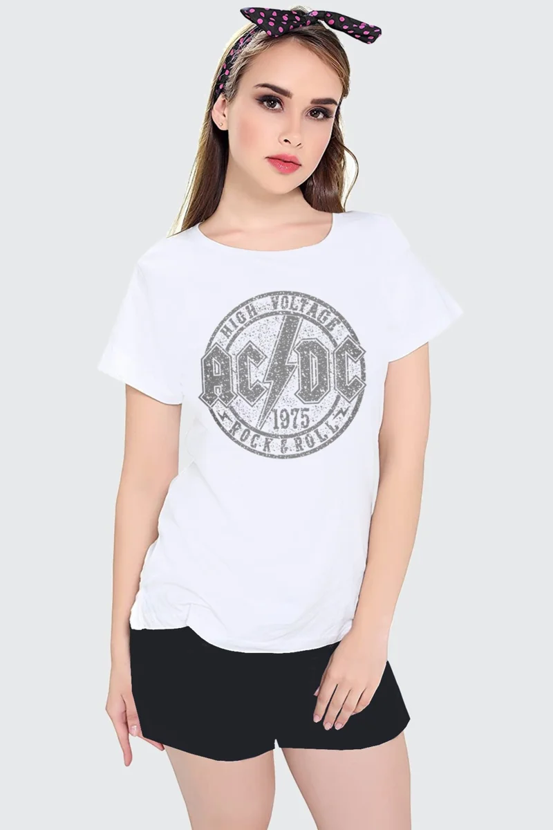 Rock&Roll Flat Acdc White Short Sleeve Women's Shorts Set