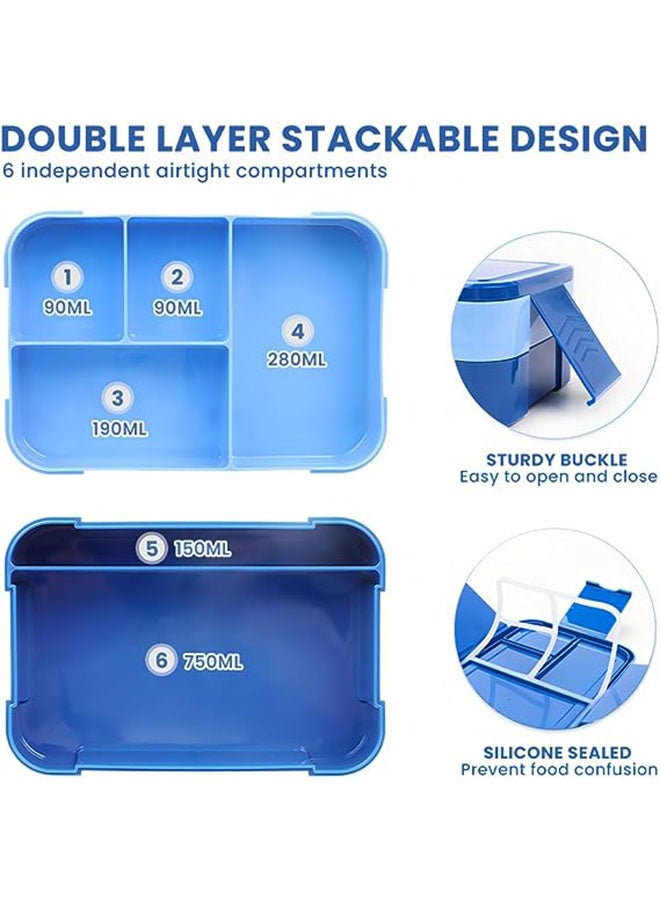 1550ml Insulated Lunch Box,Bento-Style Kids Lunch Box with 6 Compartments and Cutlery Leakproof,On the Go Bento Box for School,Microwave/Dishwasher,Reusable BPA Free Blue - Image 3