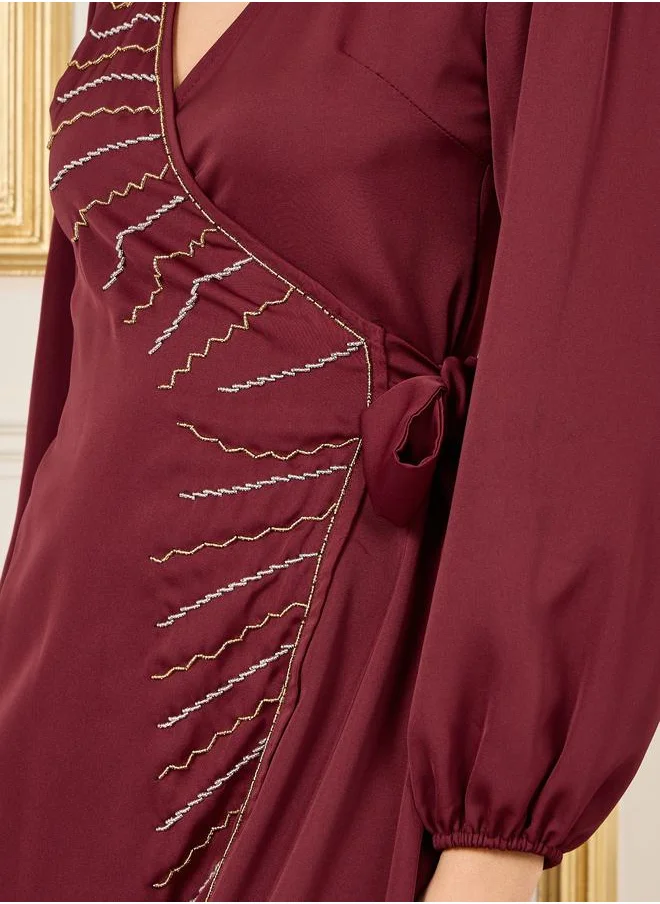 Styli Beaded Detail A-Line Wrap Midi Dress