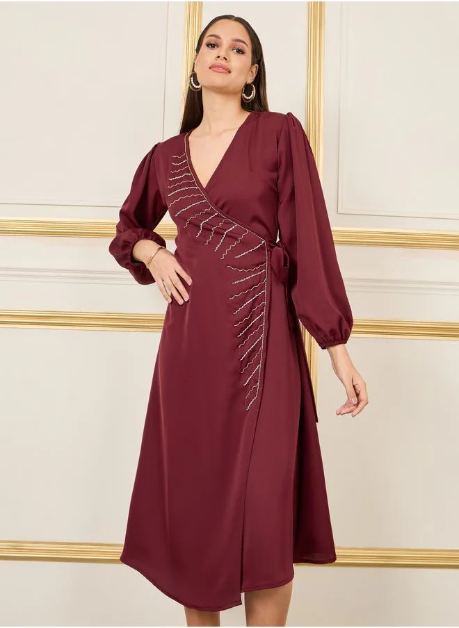 Styli Beaded Detail A-Line Wrap Midi Dress