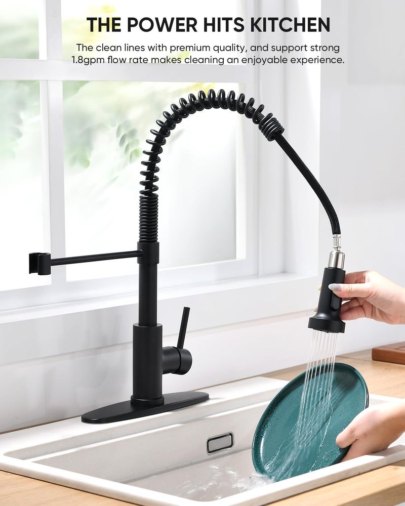 OWOFAN Black Kitchen Faucet with Pull Down Sprayer Stainless Steel Commercial Single Handle Classic Spring Pull Out Kitchen Sink Faucet for Pot Filler Farmhouse Camper Bar Laundry Room 866080R - Image 3