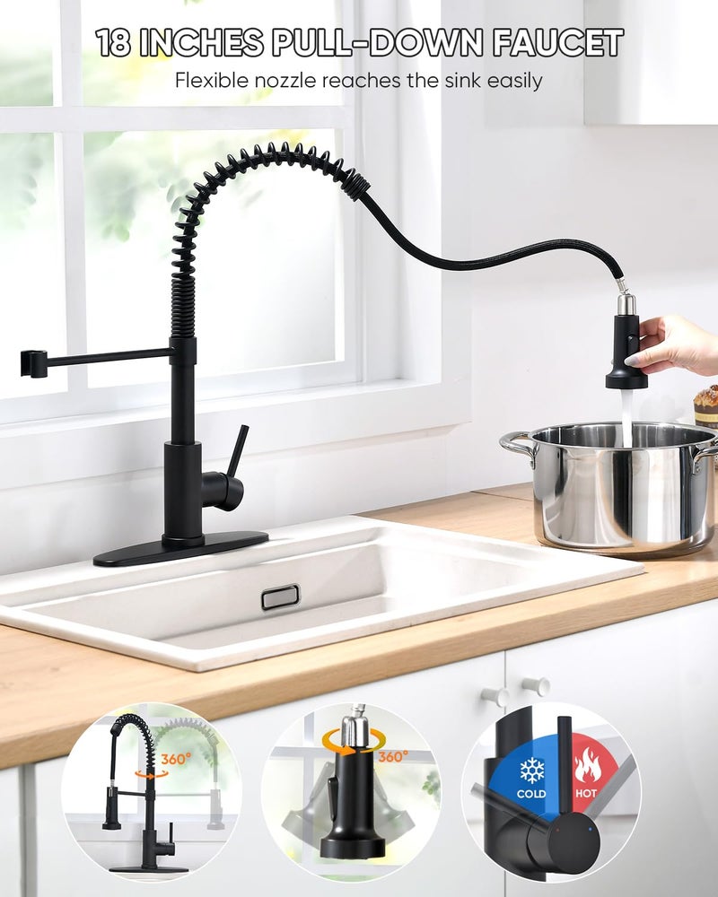 OWOFAN Black Kitchen Faucet with Pull Down Sprayer Stainless Steel Commercial Single Handle Classic Spring Pull Out Kitchen Sink Faucet for Pot Filler Farmhouse Camper Bar Laundry Room 866080R - Image 2