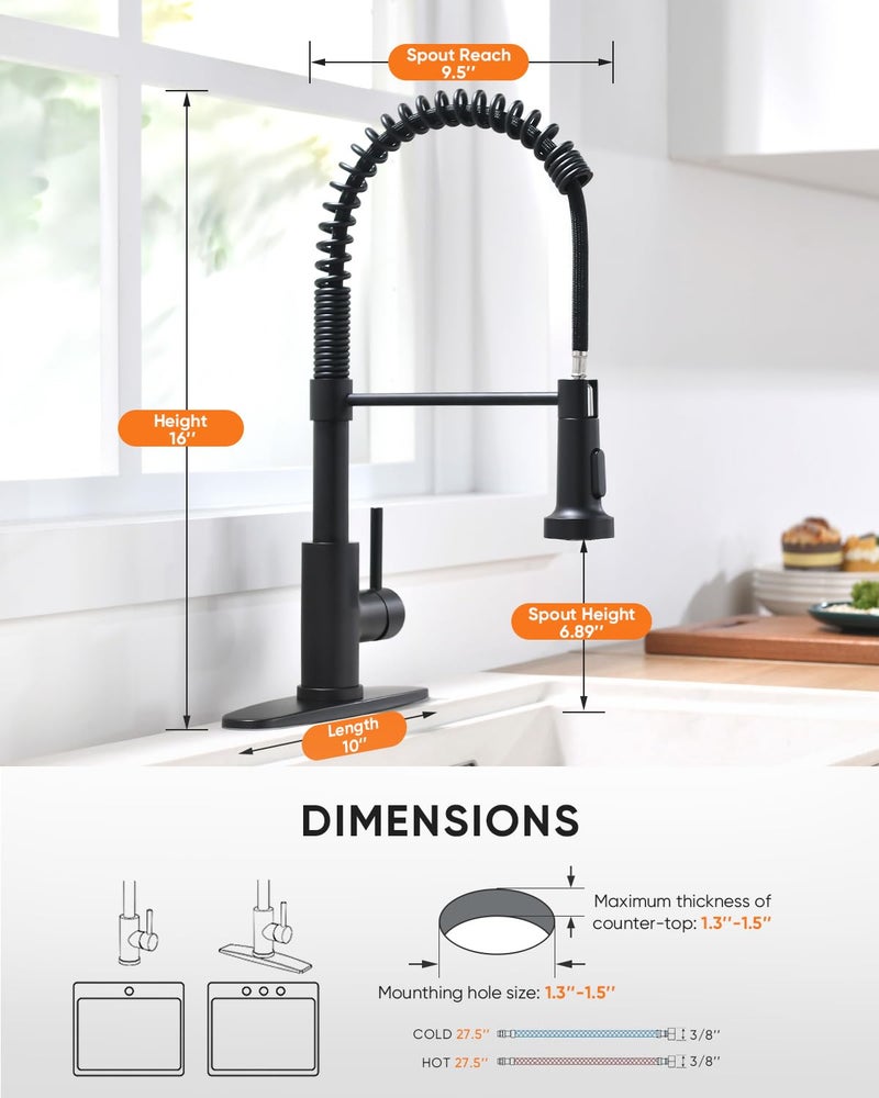 OWOFAN Black Kitchen Faucet with Pull Down Sprayer Stainless Steel Commercial Single Handle Classic Spring Pull Out Kitchen Sink Faucet for Pot Filler Farmhouse Camper Bar Laundry Room 866080R - Image 4