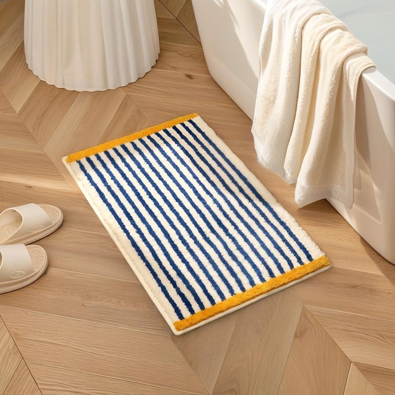 GIB cleaningtool GIB Bathroom Rugs Mat 24" x 16", Extra Soft Absorbent Plush Fluffy Bath Rugs, Non-Slip Washable Bath Mats for Bathroom Floor Shower Home Decor Accessories, Blue & White Striped with Yellow Accents - Image 1