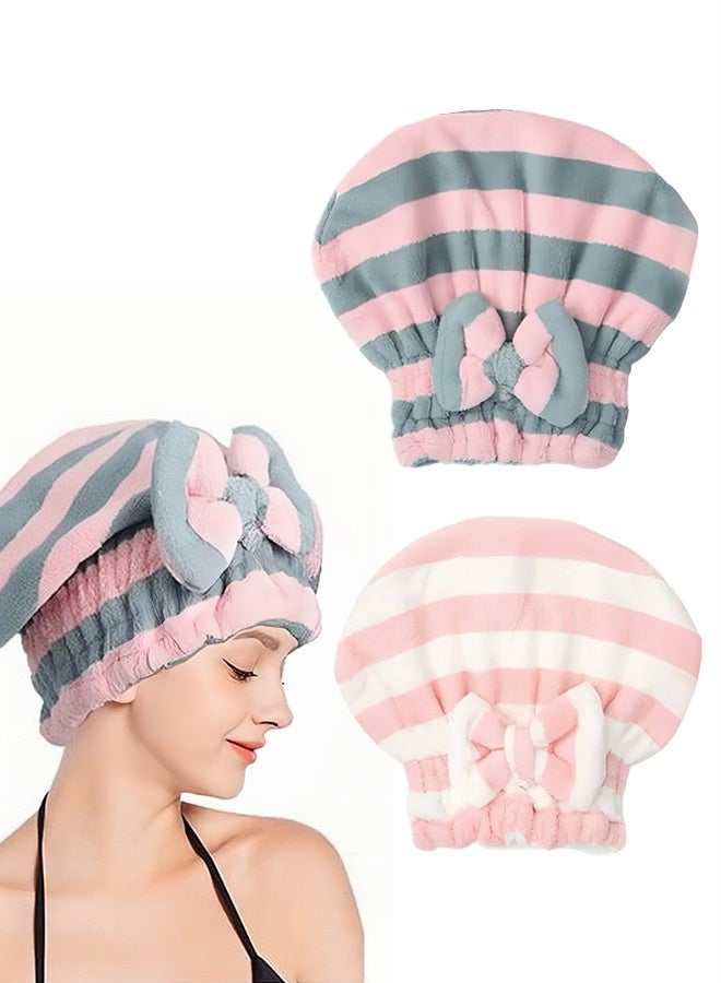 غنافوتو غطاء تجفيف الشعر الجاف من الألياف الدقيقة غطاء تجفيف سريع الامتصاص، غطاء تجفيف الشعر الناعم، غطاء منشفة الشعر الجاف المخطط، غطاء منشفة الشعر مع غطاء استحمام بعقدة معقودة، 2 قطعة - Image 1