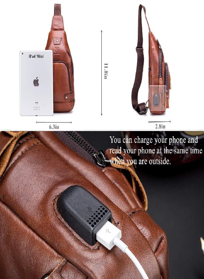 BULLCAPTAIN BULLCAPTAIN Sling Bag Crossbody Backpack with USB Charging Port Genuine Leather Hiking Travel Daypack XB-129 (Brown)  - Image 4