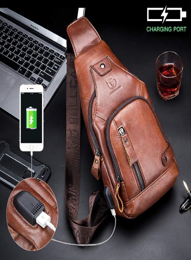 BULLCAPTAIN BULLCAPTAIN Sling Bag Crossbody Backpack with USB Charging Port Genuine Leather Hiking Travel Daypack XB-129 (Brown)  - Image 2