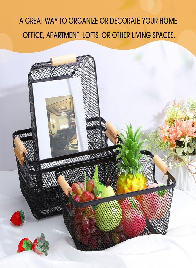 Ziliny 4 Pcs Wire Baskets with Wooden Handles Black Wire Storage Baskets Fruit Basket Organizer Mesh Metal Baskets for Storage Kitchen Basket for Home Cabinets Pantry Closets Bedroom Picnic (Medium) - Image 4