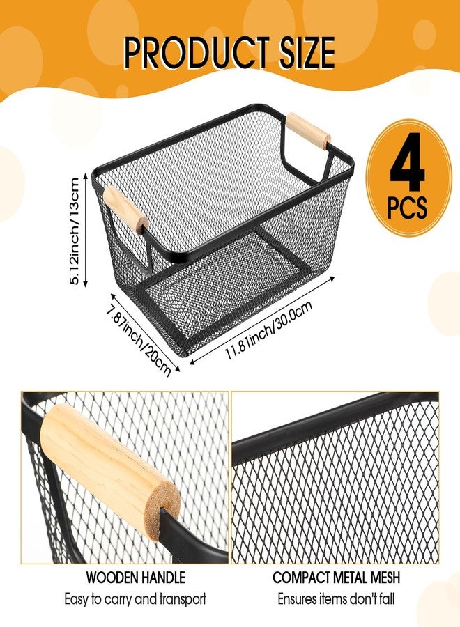 Ziliny 4 Pcs Wire Baskets with Wooden Handles Black Wire Storage Baskets Fruit Basket Organizer Mesh Metal Baskets for Storage Kitchen Basket for Home Cabinets Pantry Closets Bedroom Picnic (Medium) - Image 2