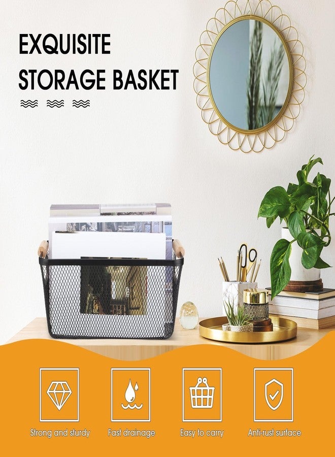 Ziliny 4 Pcs Wire Baskets with Wooden Handles Black Wire Storage Baskets Fruit Basket Organizer Mesh Metal Baskets for Storage Kitchen Basket for Home Cabinets Pantry Closets Bedroom Picnic (Medium) - Image 3