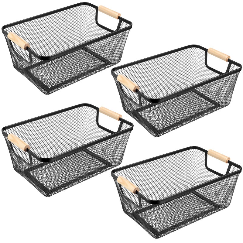 Ziliny 4 Pcs Wire Baskets with Wooden Handles Black Wire Storage Baskets Fruit Basket Organizer Mesh Metal Baskets for Storage Kitchen Basket for Home Cabinets Pantry Closets Bedroom Picnic (Medium) - Image 1