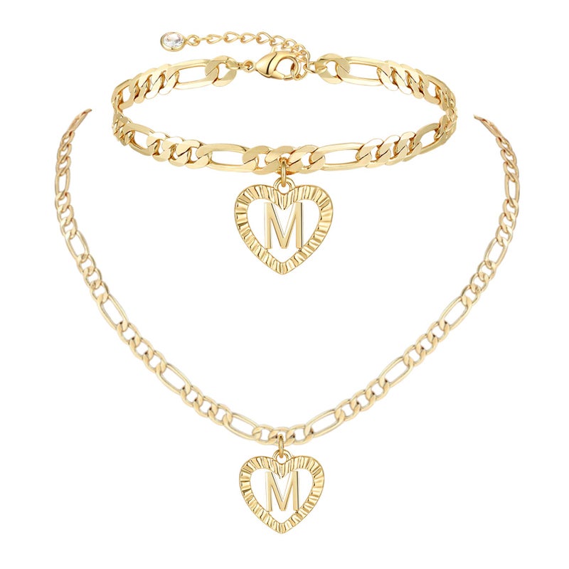 YANODA Gold Initial Pendant Necklace Anklet Bracelet for Women 14K Gold Plated Figaro Chain Letter Initial Heart Necklace Anklets Alphabet Foot Jewelry Personalized Jewelry for Women M - Image 1