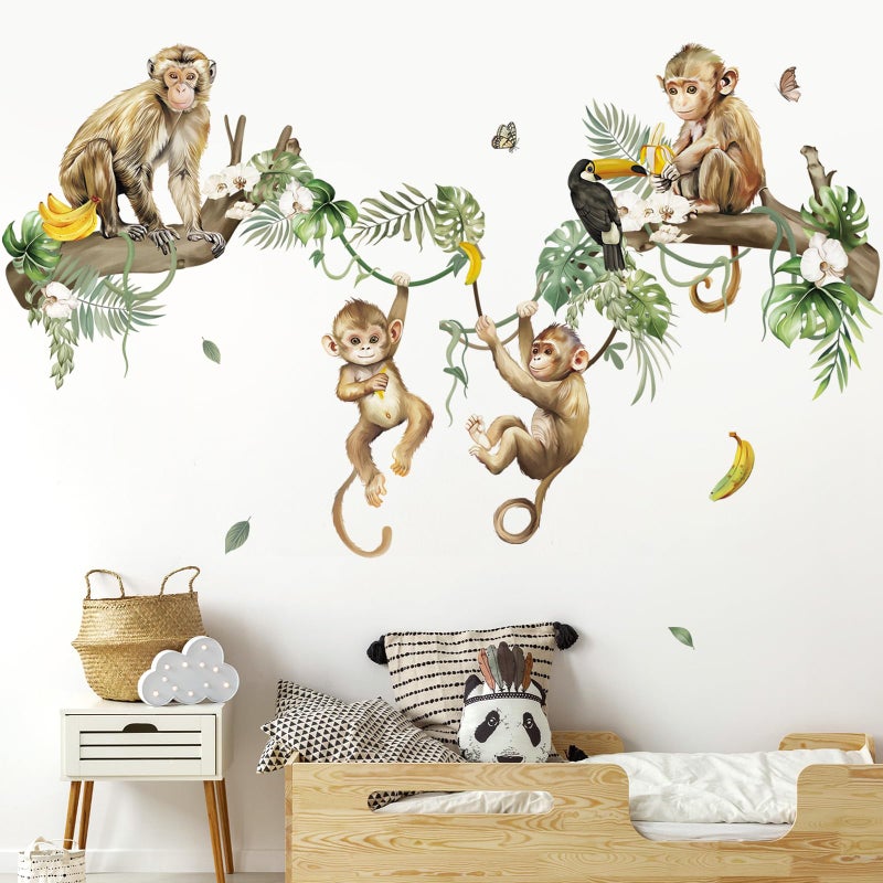 decalmile Wild Monkey Climbing Tree Wall Decals Jungle Animals Vine Leaves Wall Stickers Baby Nursery Kids Room Living Room Wall Decor - Image 1