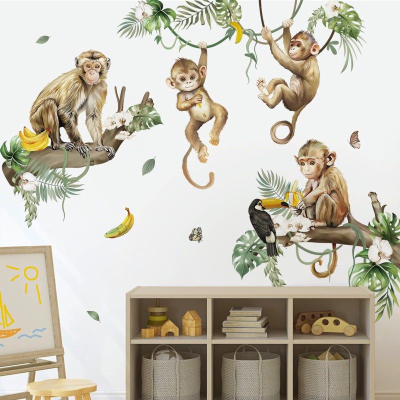 decalmile Wild Monkey Climbing Tree Wall Decals Jungle Animals Vine Leaves Wall Stickers Baby Nursery Kids Room Living Room Wall Decor - Image 2