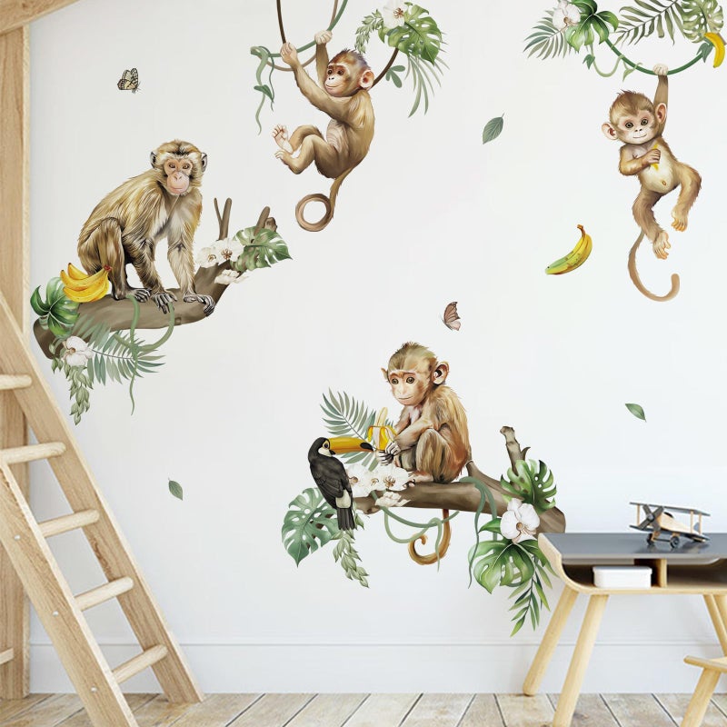 decalmile Wild Monkey Climbing Tree Wall Decals Jungle Animals Vine Leaves Wall Stickers Baby Nursery Kids Room Living Room Wall Decor - Image 3