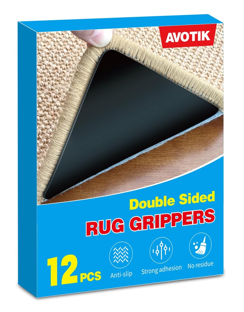 Rug Gripper for Hardwood Floors: 12 PCS Damage-Free Carpet Tape for Area Rugs - Secure, Strong Hold for Rugs on Wood Floors & Carpets (Note: Not suitable for rug on carpets) - Image 1