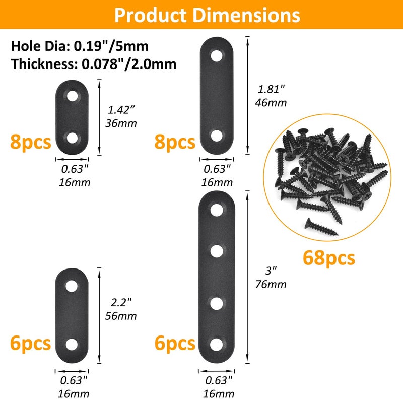 Allwin Mending Plates for Wood - 28 Set Metal Flat Plate Straight Bracket for Board, Bed Frame, Furniture & Shelves,Wood Connector Brackets,Stainless Steel (4 Size-28 Set) - Image 2