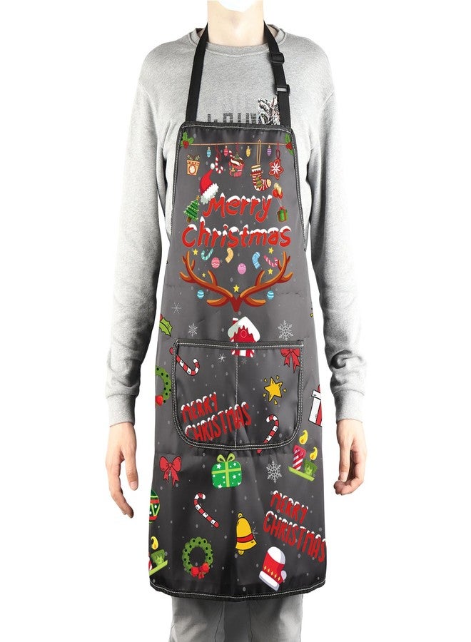 MBMSO Merry Christmas Aprons for Women Men Christmas Kitchen Cooking Apron with Pockets Merry Christmas Gifts Chef Baking Apron (Christmas Apron-black) - Image 4