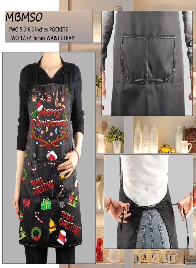 MBMSO Merry Christmas Aprons for Women Men Christmas Kitchen Cooking Apron with Pockets Merry Christmas Gifts Chef Baking Apron (Christmas Apron-black) - Image 3