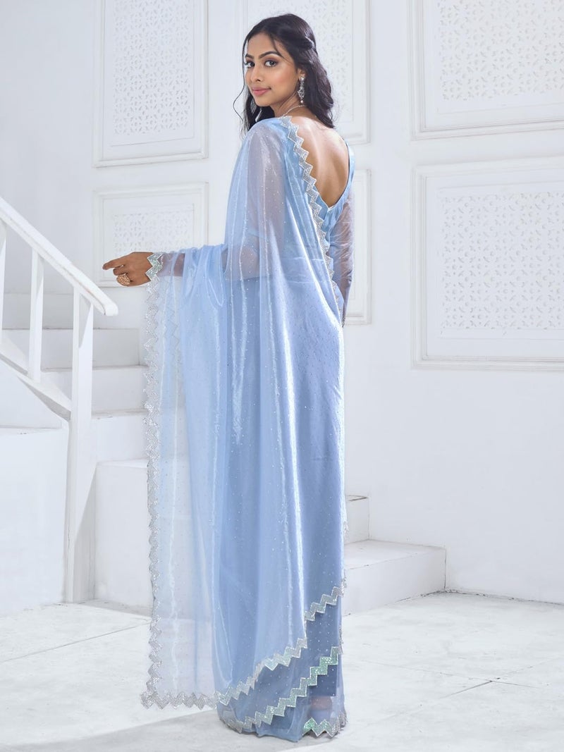 SAREE MALL Women's Organza Embellished Saree With Unstitched Blouse Piece(Light Blue_MAHEK796E_MK) - Image 3