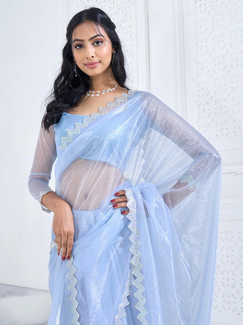 SAREE MALL Women's Organza Embellished Saree With Unstitched Blouse Piece(Light Blue_MAHEK796E_MK) - Image 5