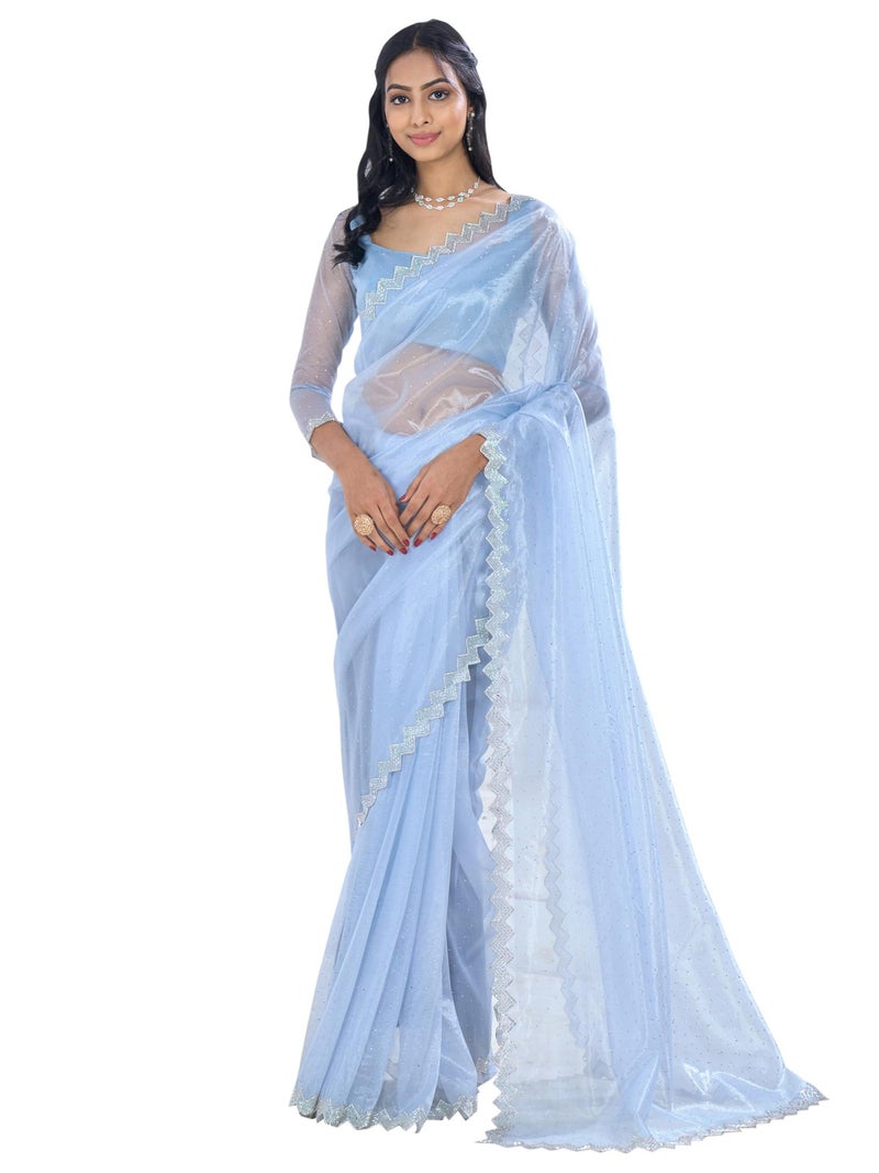 SAREE MALL Women's Organza Embellished Saree With Unstitched Blouse Piece(Light Blue_MAHEK796E_MK) - Image 1