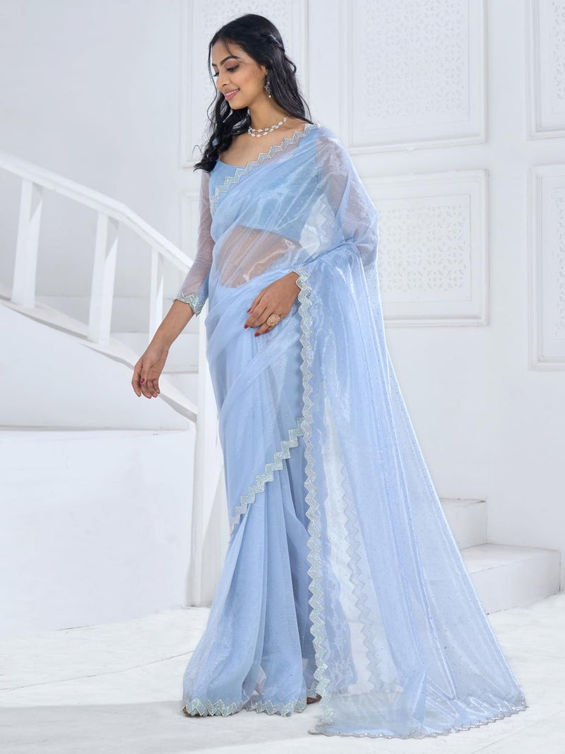 SAREE MALL Women's Organza Embellished Saree With Unstitched Blouse Piece(Light Blue_MAHEK796E_MK) - Image 4