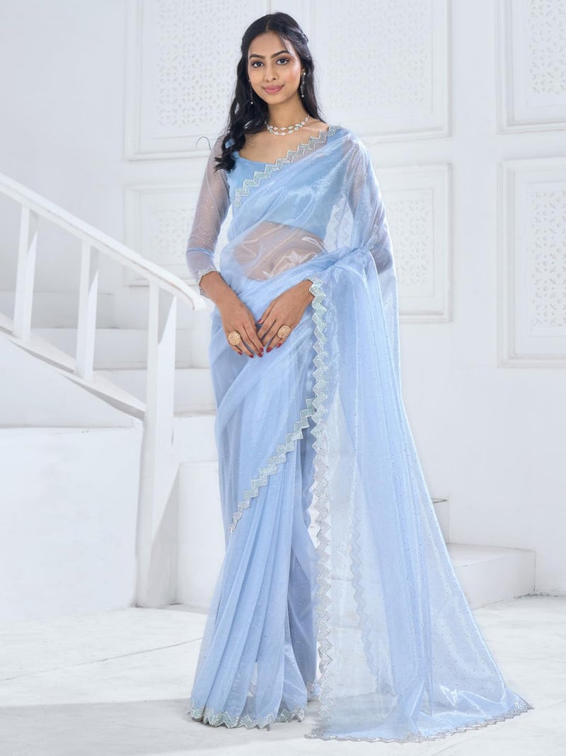 SAREE MALL Women's Organza Embellished Saree With Unstitched Blouse Piece(Light Blue_MAHEK796E_MK) - Image 2