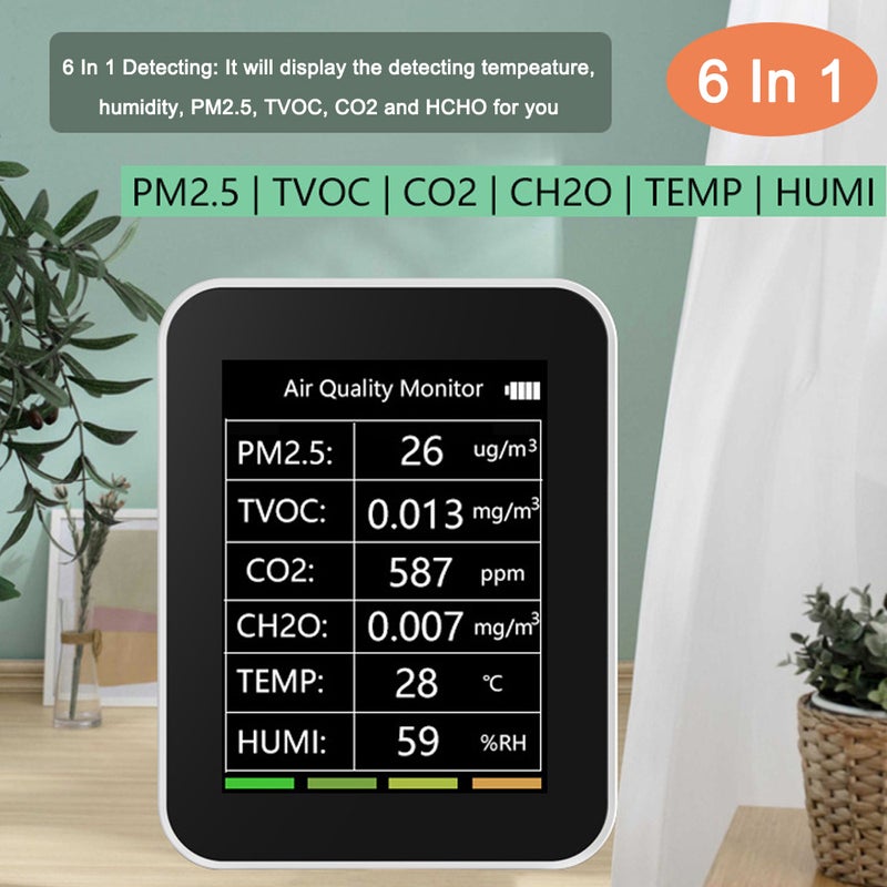 Portable Home Office Indoor Desktop Air Quality Detector 6 In 1 Multifunctional Detector PM2.5 TVOC CO2 CH2O Temperature Humidity Detecting - Image 5