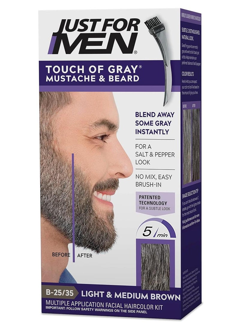 Just For Men Touch of Gray Mustache  Beard Beard Coloring for Gray Hair with Brush Included for Easy Application Great for a Salt and Pepper Look  Light  Medium Brown B2535 Pack of 1