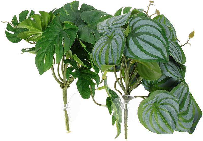 مجموعة نباتات صناعية لحوض الزواحف من Healifty (2 قطعة) تحتوي على 23 ورقة بطيخ و23 ورقة من نوع Monstera، زينة بلاستيكية محاكاة لتربية الزواحف وأقفاص البرمائيات - Image 1