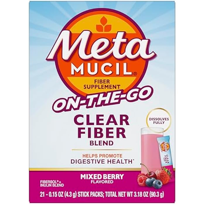 Metamucil Fiber Supplement, Clear Mixing Fiber Powder Stick Packs, Mixed Berry Flavor, On The go, Plant Based Prebiotic Fiber Supplement Blend for Daily Digestive Health, 21 Stick Packs - Image 1