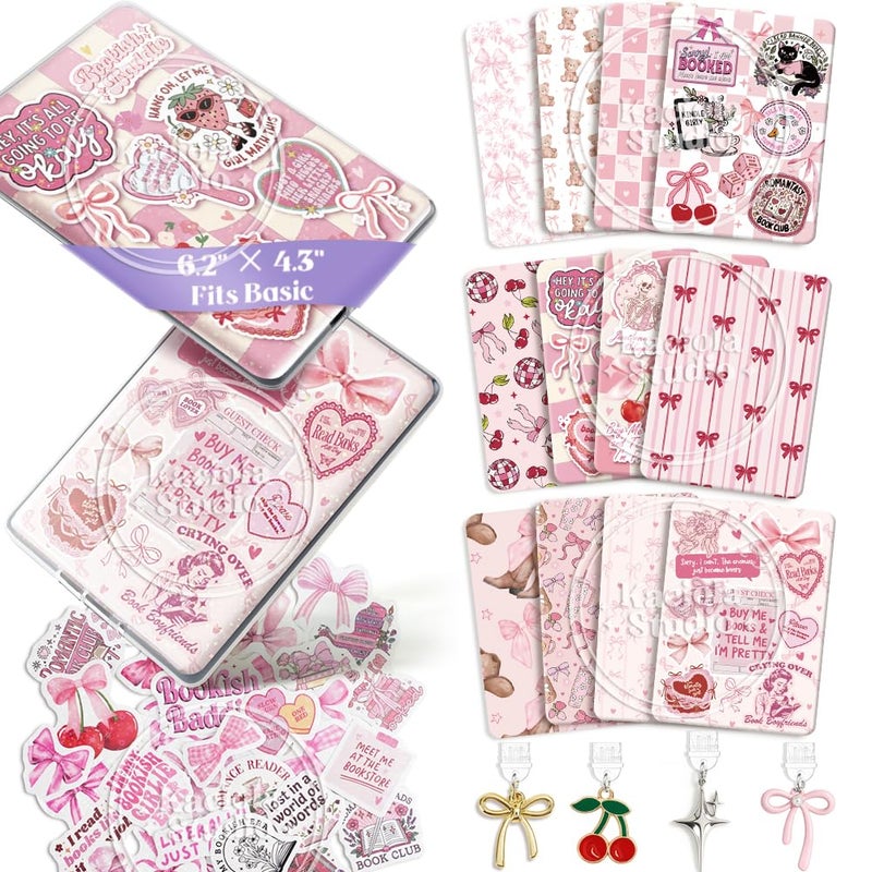 Kaciola 12PCS Inserts Cardstock and 4PCS Charms for E-Reader with 50PCS Stickers for Insert, 6.2"x4.3" Pink Bow Theme Back Cover Accessories for E-Reader Basic, Gifts for Booklovers - Image 1