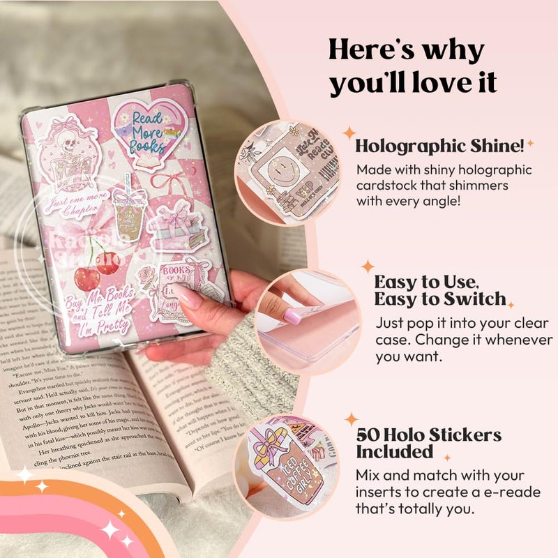 Kaciola 12PCS Inserts Cardstock and 4PCS Charms for E-Reader with 50PCS Stickers for Insert, 6.2"x4.3" Pink Bow Theme Back Cover Accessories for E-Reader Basic, Gifts for Booklovers - Image 4