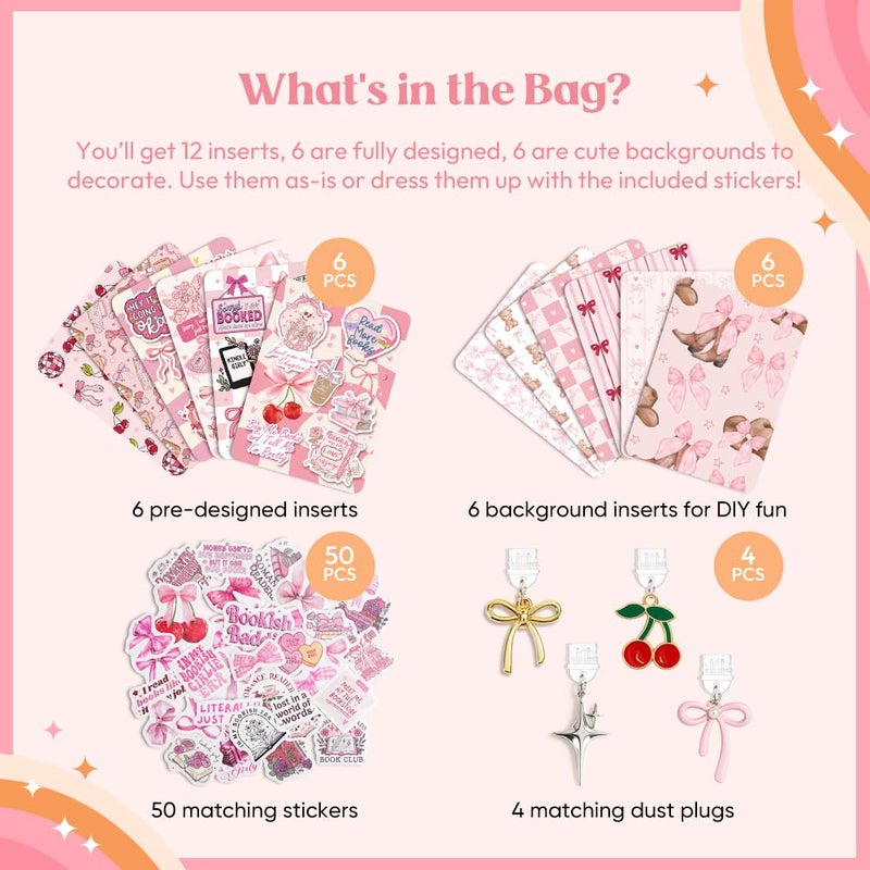 Kaciola 12PCS Inserts Cardstock and 4PCS Charms for E-Reader with 50PCS Stickers for Insert, 6.2"x4.3" Pink Bow Theme Back Cover Accessories for E-Reader Basic, Gifts for Booklovers - Image 3
