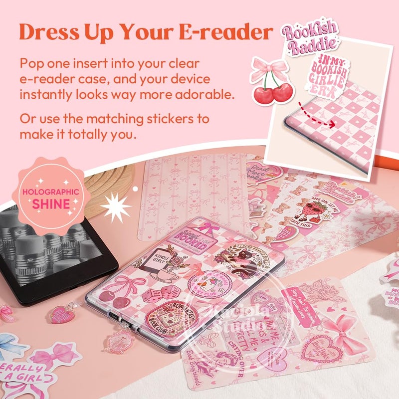 Kaciola 12PCS Inserts Cardstock and 4PCS Charms for E-Reader with 50PCS Stickers for Insert, 6.2"x4.3" Pink Bow Theme Back Cover Accessories for E-Reader Basic, Gifts for Booklovers - Image 2