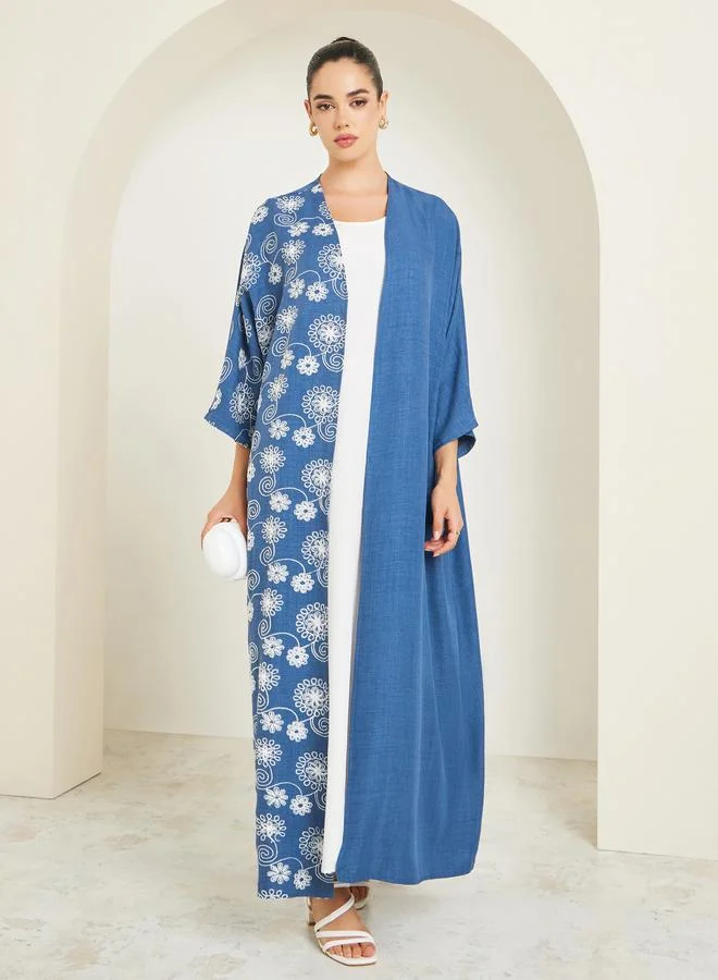 Amirah Women Blue Embroidered Batwing Sleeve Abaya